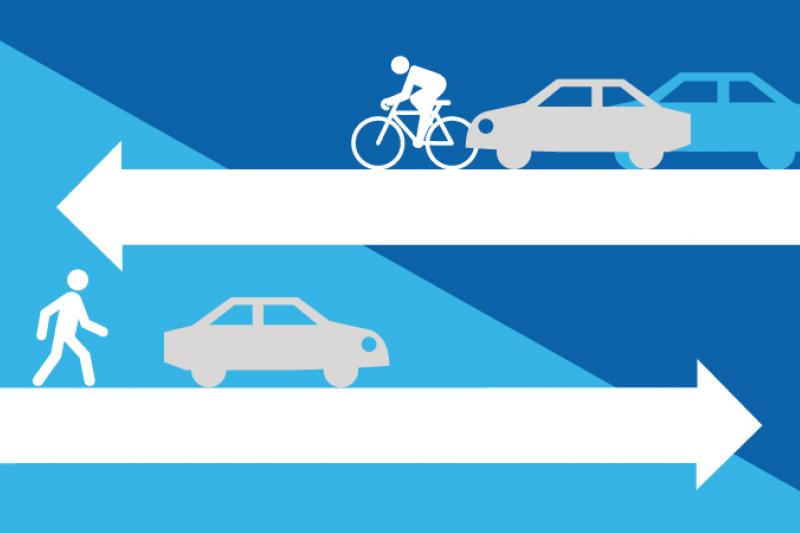 Decorative graphic of arrows pointing in different directions with cars, cyclists and a person walking, representing local roads and streets