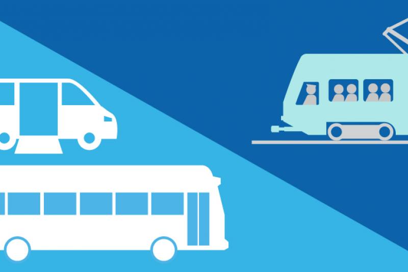 Decorative graphic representing transit showing a bus, light rail train, and paratransit van