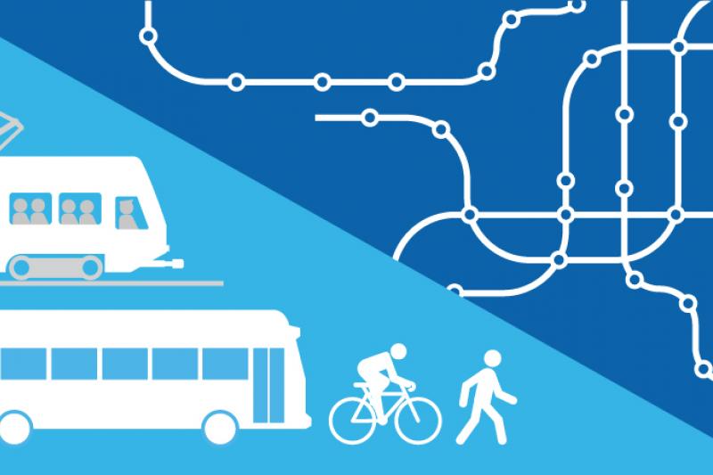 Decorative graphic representing a transportation plan, showing a light rail train, bus, cyclist, pedestrian, and lines representing streets and transit routes