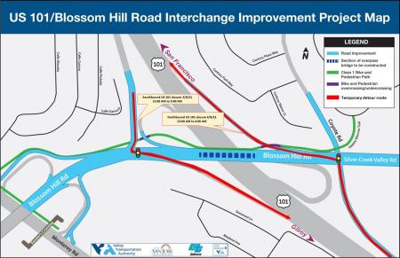 Full freeway closure map for March 8-9 of the US 101/Blossom Hill Road Overcrossing