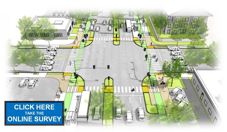Graphic showing rendering of Bascom Complete Streets Corridor with prompt to click to complete survey