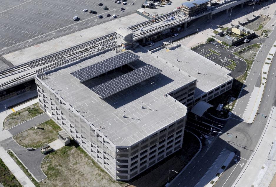 Solar panels on top of the Berryessa Transit Center's parking garage
