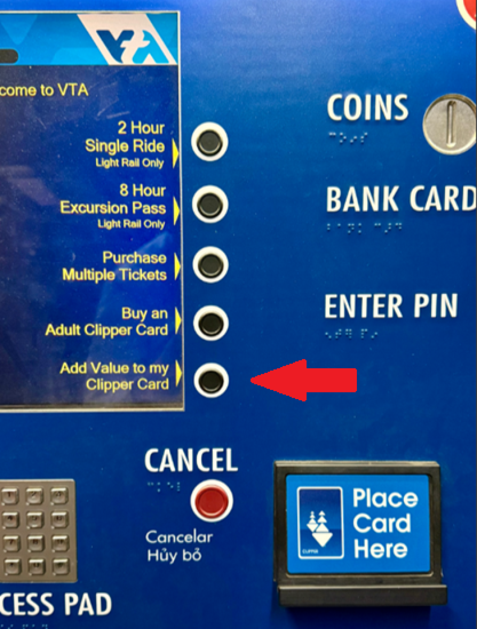Add value to my clipper card image at a VTA Ticket Vending Machine