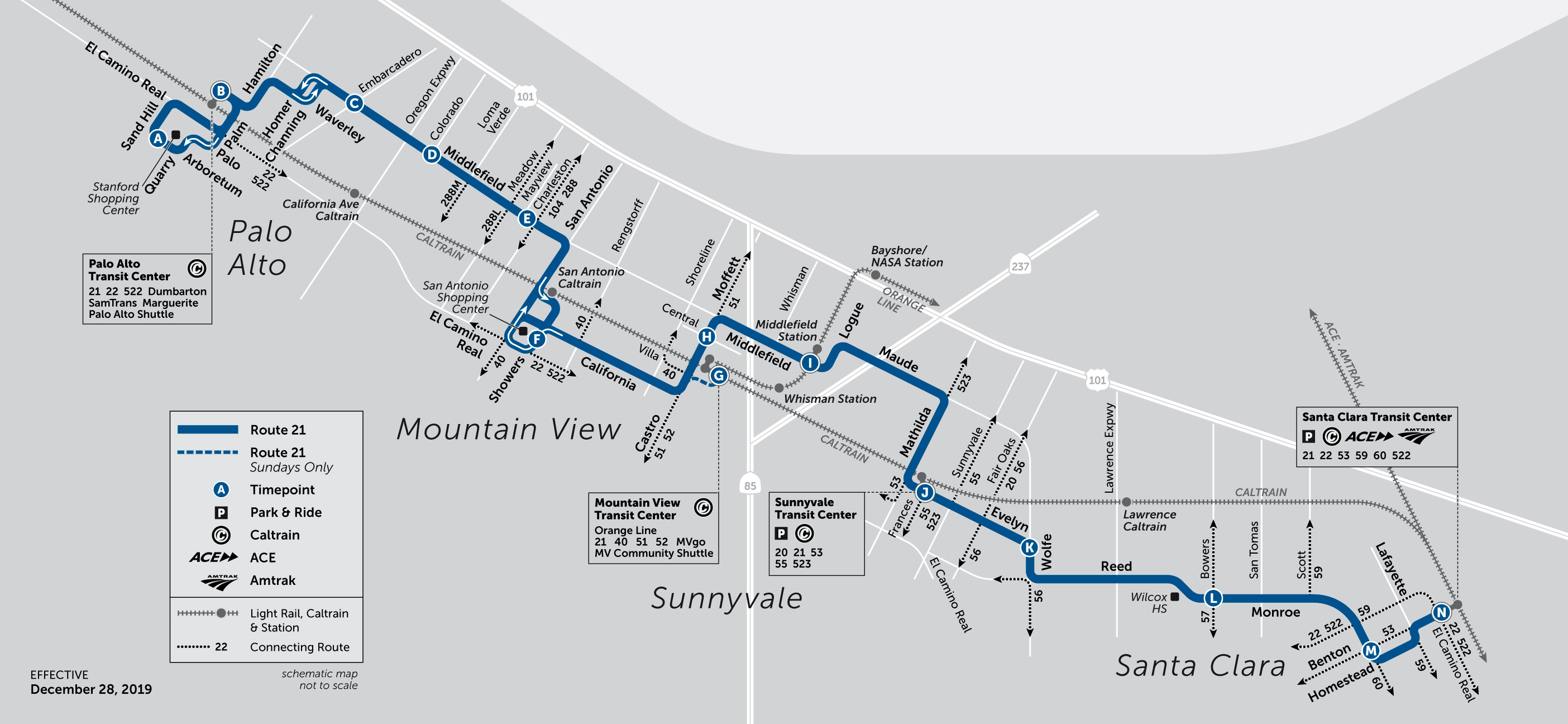 How to get to Stanford Shopping Center in Palo Alto by Bus or Train?