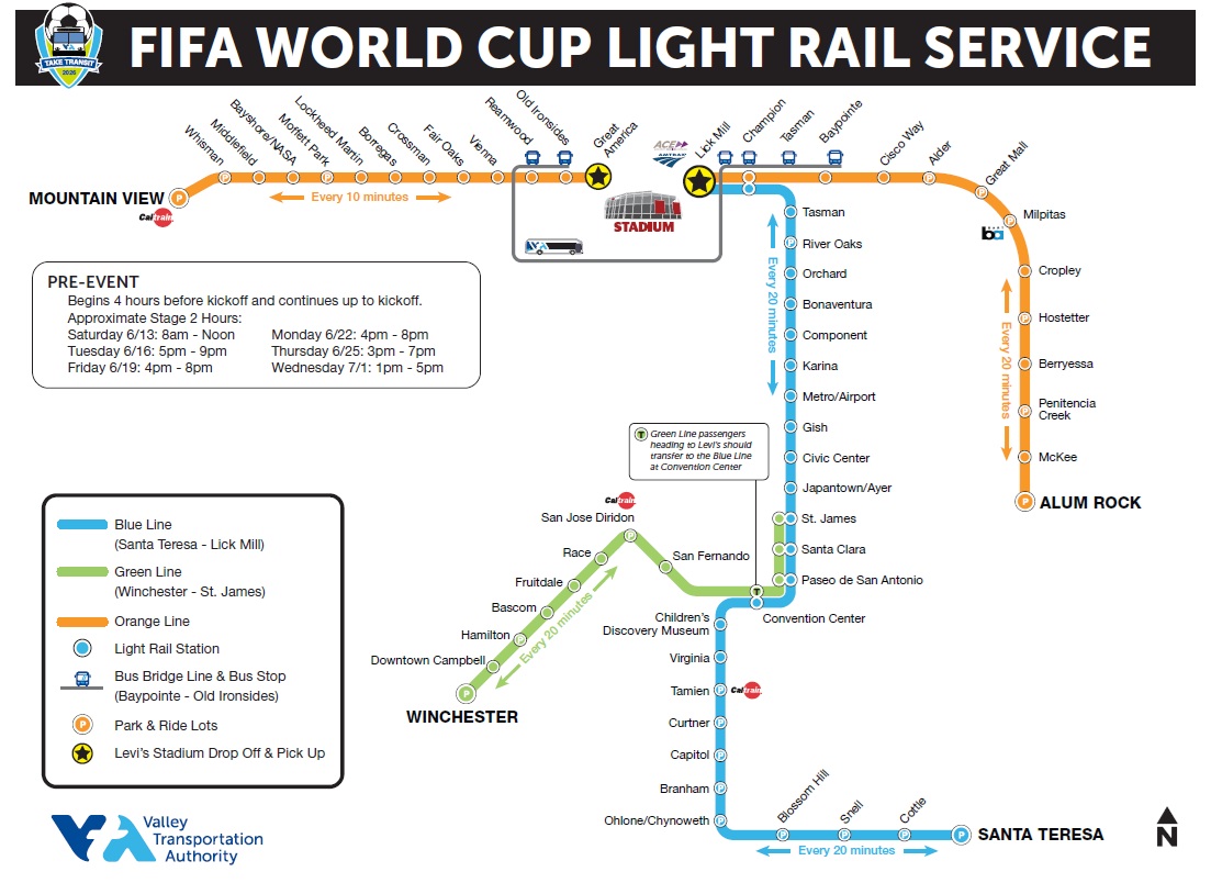 VTA light rail map showing Orange, Blue, and Green Line service options for Stadium event travel