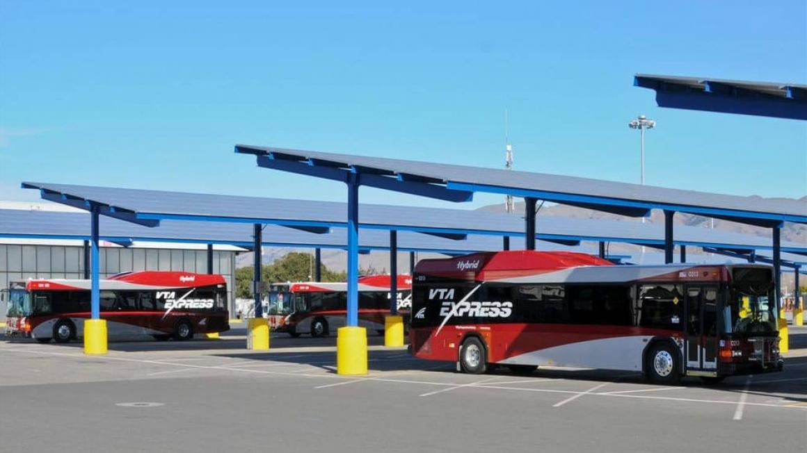 VTA buses under solar panels