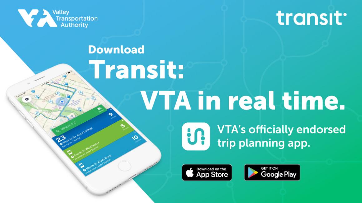 Graphic showing an iPhone with Transit app running and tagline Transit: VTA in real time, Download graphics and Transit and VTA logos
