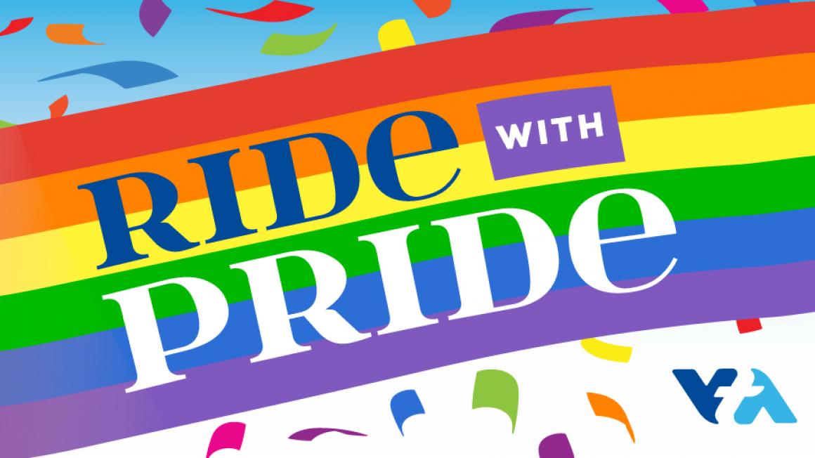 ride with pride slogan in a rainbow