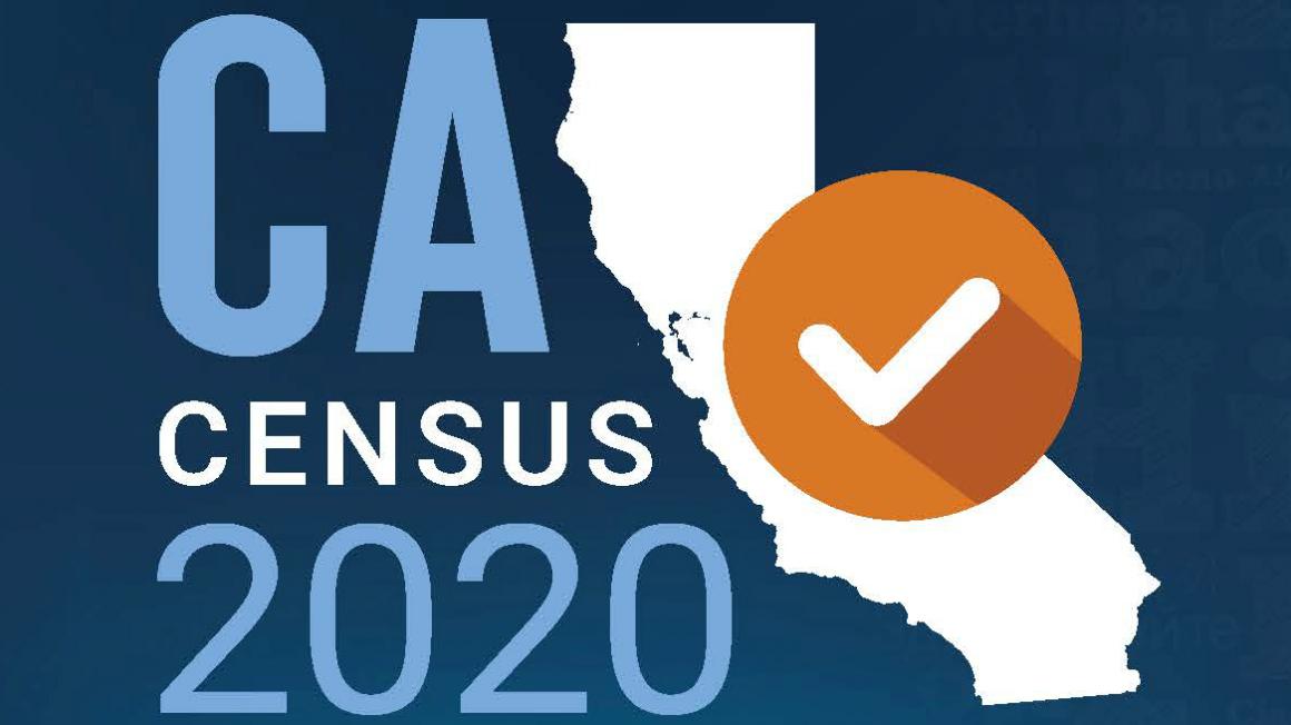 California Census 2020 graphic with a silhouette image of the State of CA and a check mark