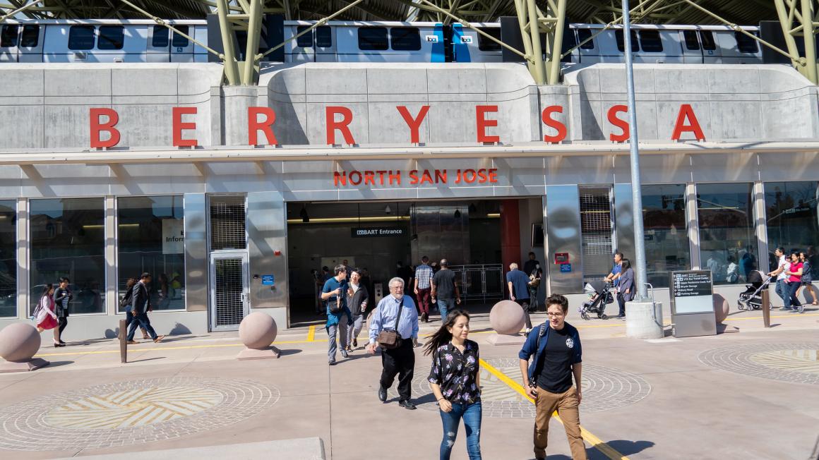 Pedestrians arrive and leave Berryessa Transit Center