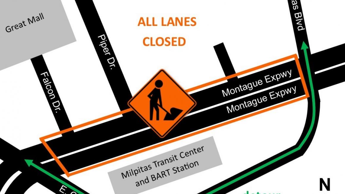 map of lane closure on Montague Express way between south Milpitas boulevard and Great Mall Pkwy/Capitol Ave