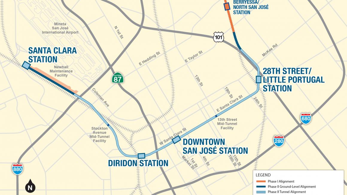 Map of VTA's BART Silicon Valley Phase II Project with four stations at 28th Street/Little Portugal, Downtown San Jose, Diridon, and Santa Clara