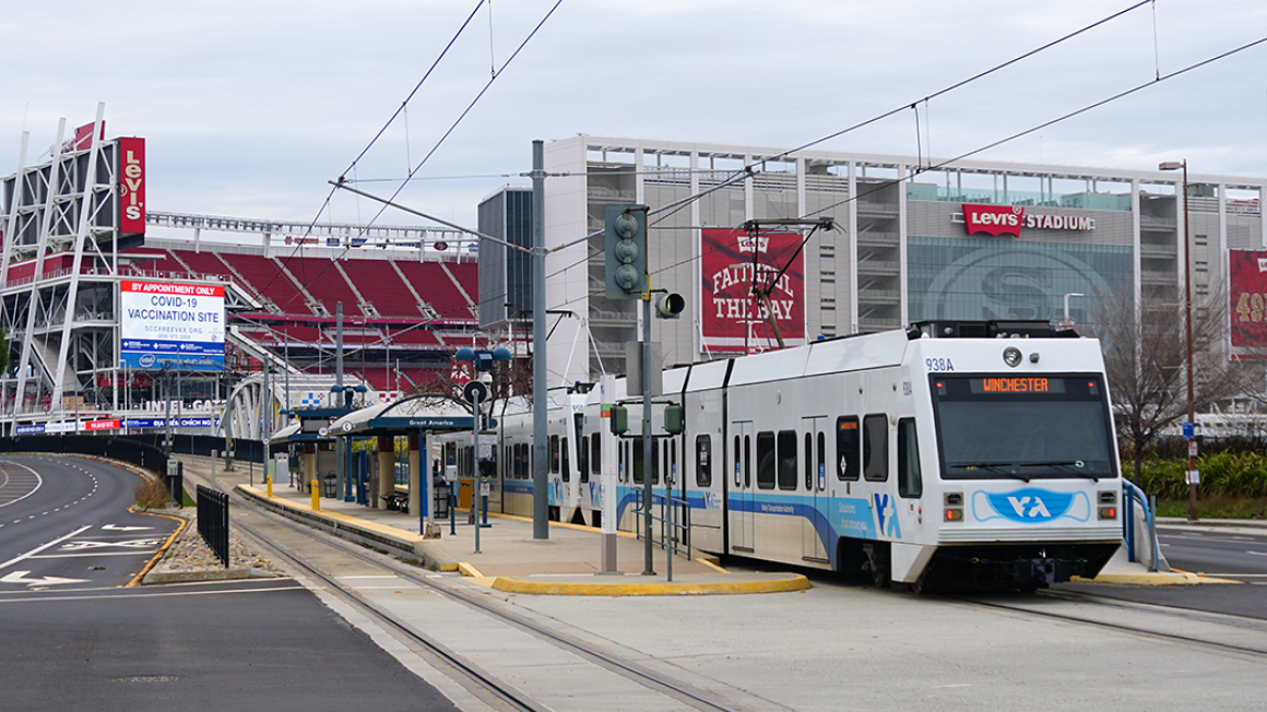 Light Rail Train stops at Levi's Stadium Vaccination Site