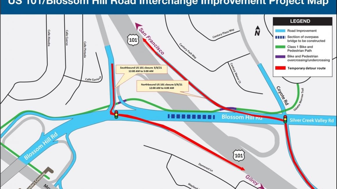 Full freeway closure map for March 8-9 of the US 101/Blossom Hill Road Overcrossing