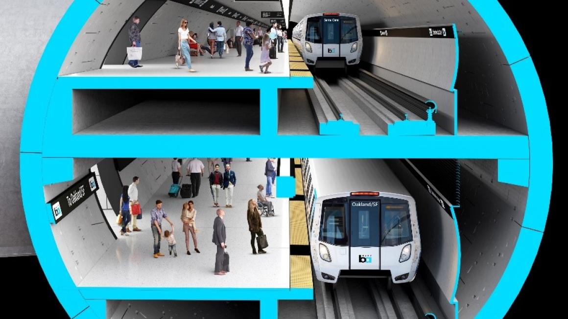 Conceptual rendering of a cross-section of a single-bore tunnel with stacked platform