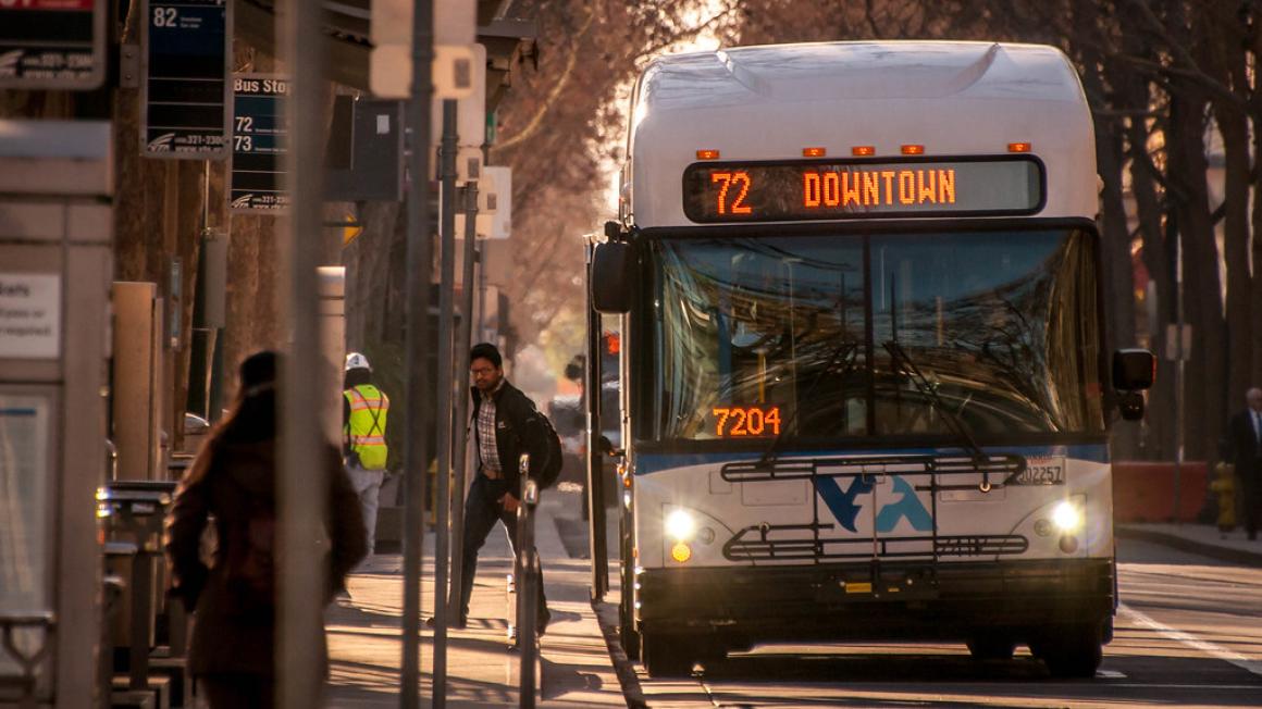 Bus stopped along First Street