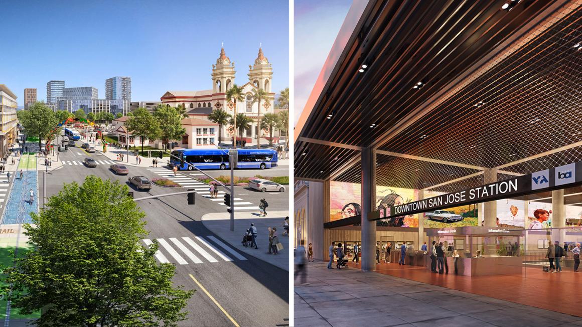 conceptual renderings of the 28th Street/Little Portugal Station area and Downtown San Jose Station