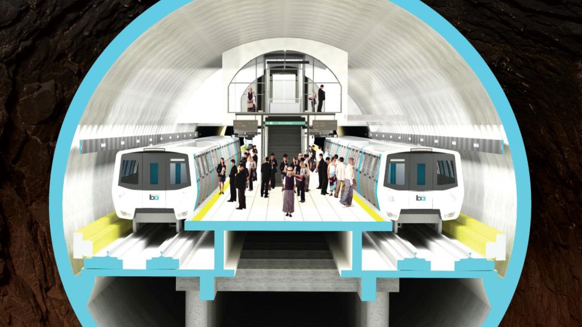 Conceptual rendering of a cross-section of a single-bore tunnel with a side by side platform