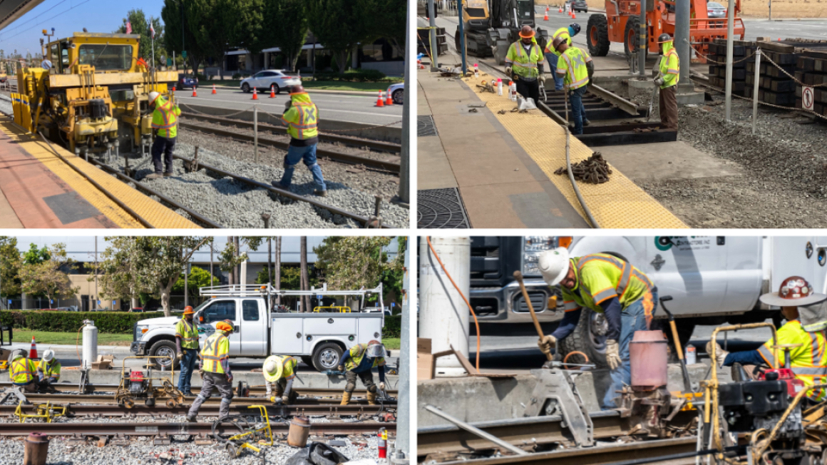 various photos of rail construction