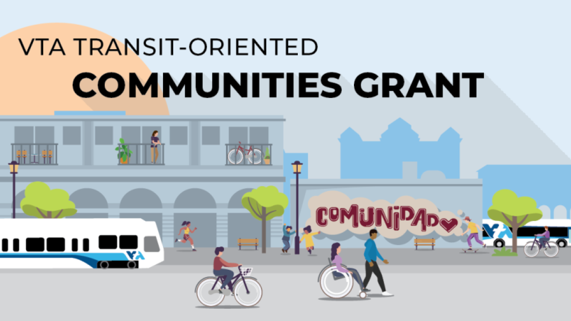 graphic image showing bus, train, people walking and riding bikes near neighborhoods