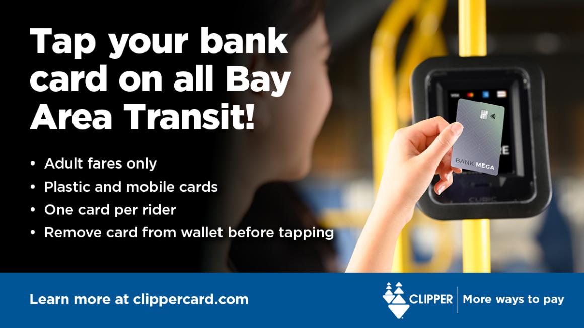 Image of a person tapping her bank car on a clipper card reading machine