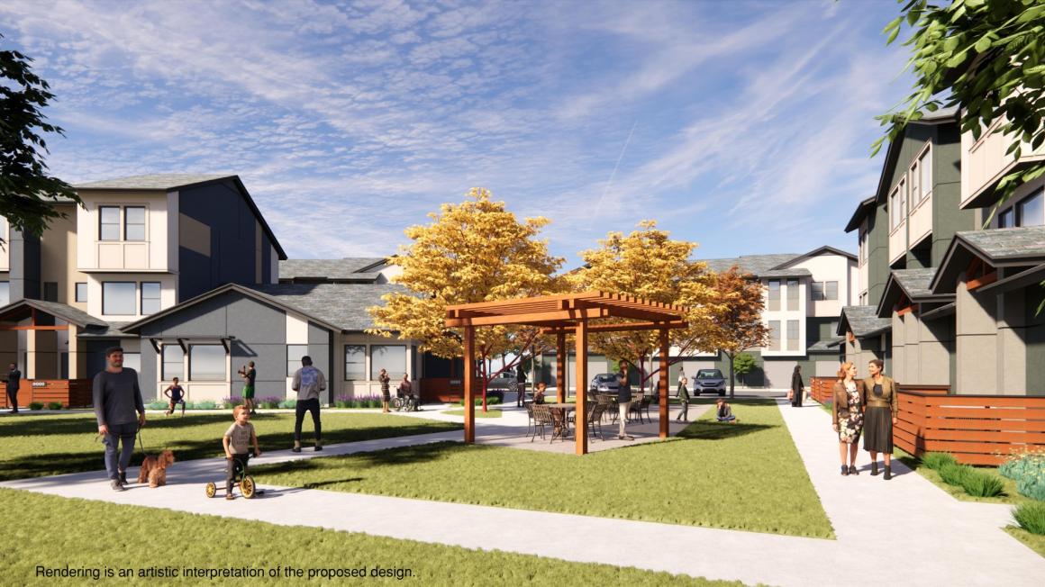 rendering showing apartments and grass with people nearby