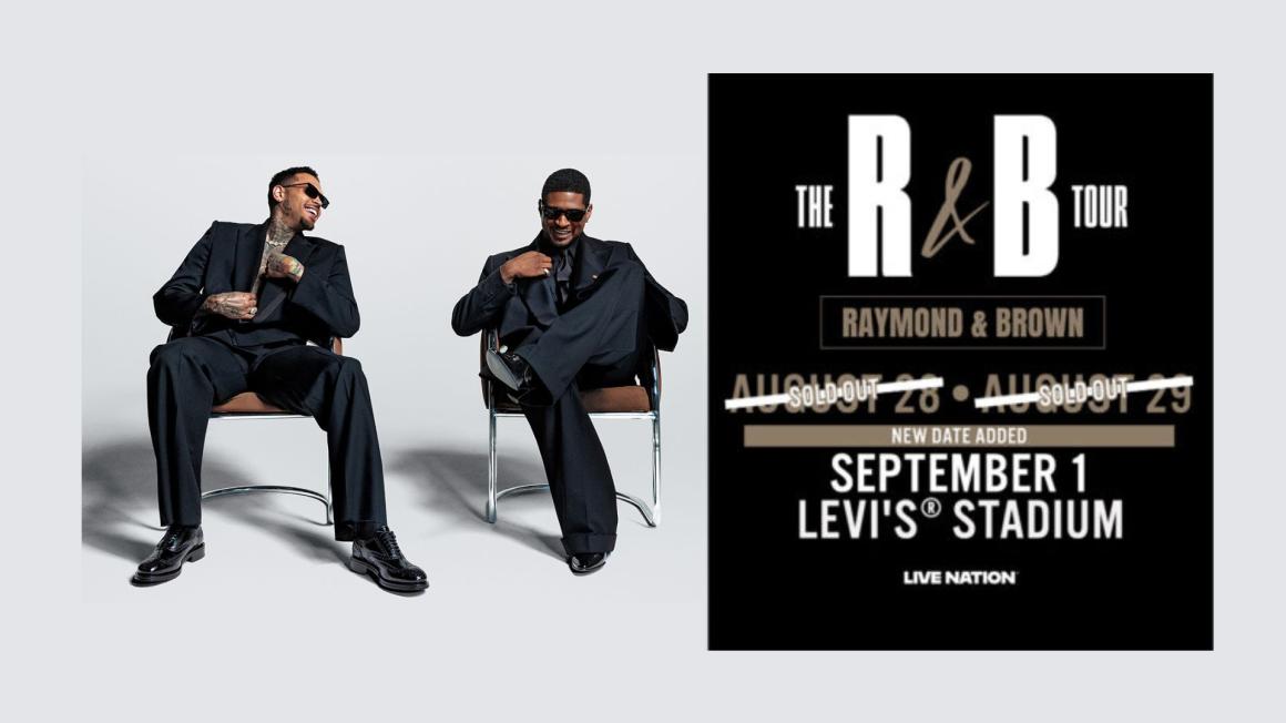 Chris Brown and Usher seated side by side in black suits next to a promotional graphic for The R&B Tour at Levi’s Stadium on September 1.