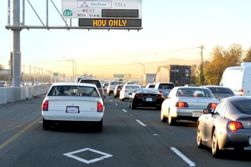 cars in express lane with Express Lane sign