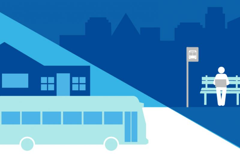 Decorative graphic representing transit oriented development, showing buildings, a bus, and a person waiting at a bus stop