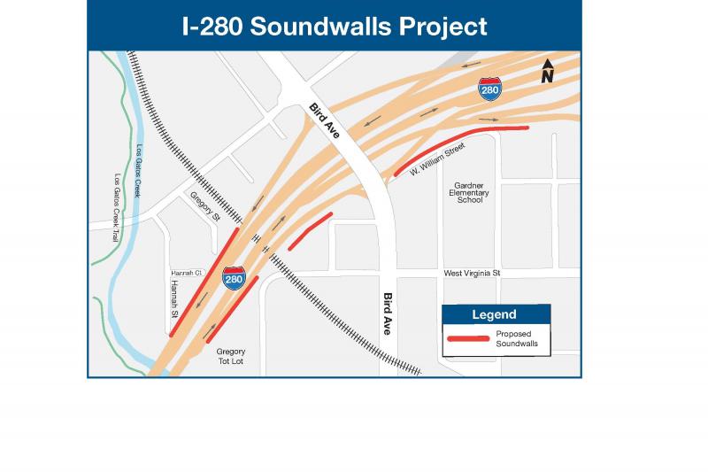map of proposed I-280 Soundwall areas