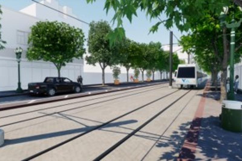 Rendering of light rail realignment on First Street in DSJ.