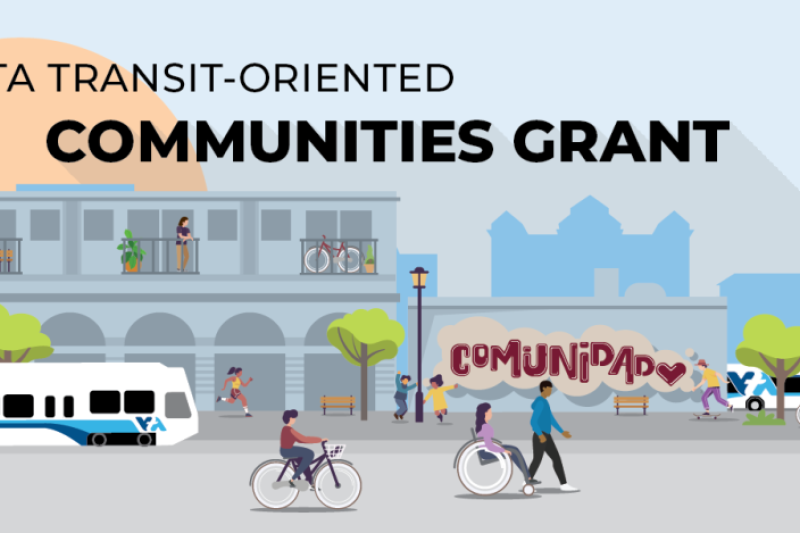 graphic image showing bus, train, people walking and riding bikes near neighborhoods