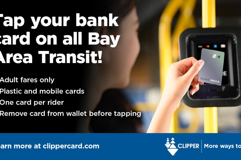 Image of a person tapping her bank car on a clipper card reading machine