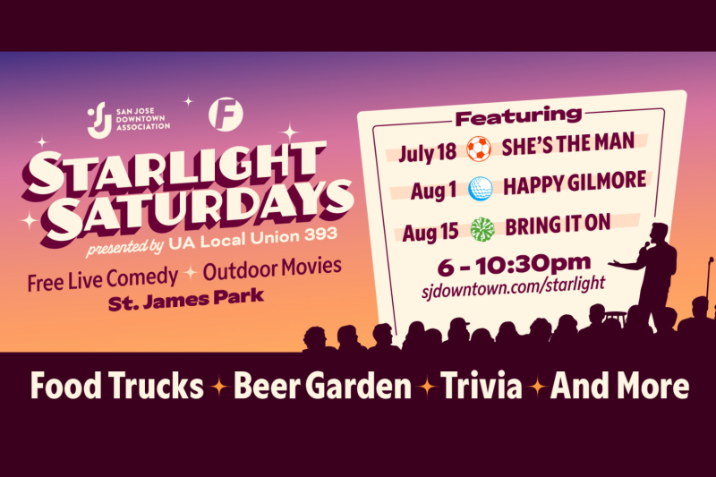 Starlight Saturdays promotional banner for free outdoor movies and live comedy at St. James Park, with dates, movie titles, and event information.