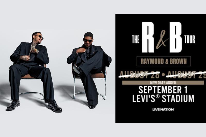 Chris Brown and Usher seated side by side in black suits next to a promotional graphic for The R&B Tour at Levi’s Stadium on September 1.
