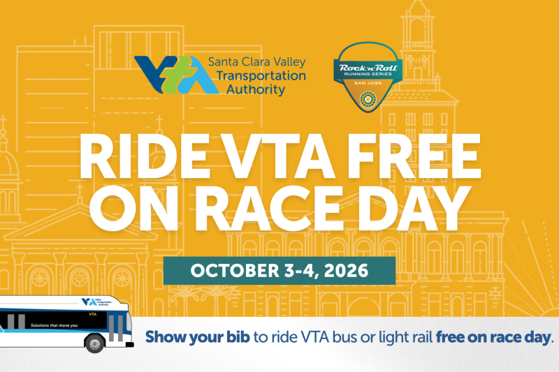Promotional graphic for the Rock ‘n’ Roll Running Series San José featuring VTA and race logos. Text reads, “Ride VTA Free on Race Day, October 3–4, 2026. Show your bib to ride VTA bus or light rail free on race day.”
