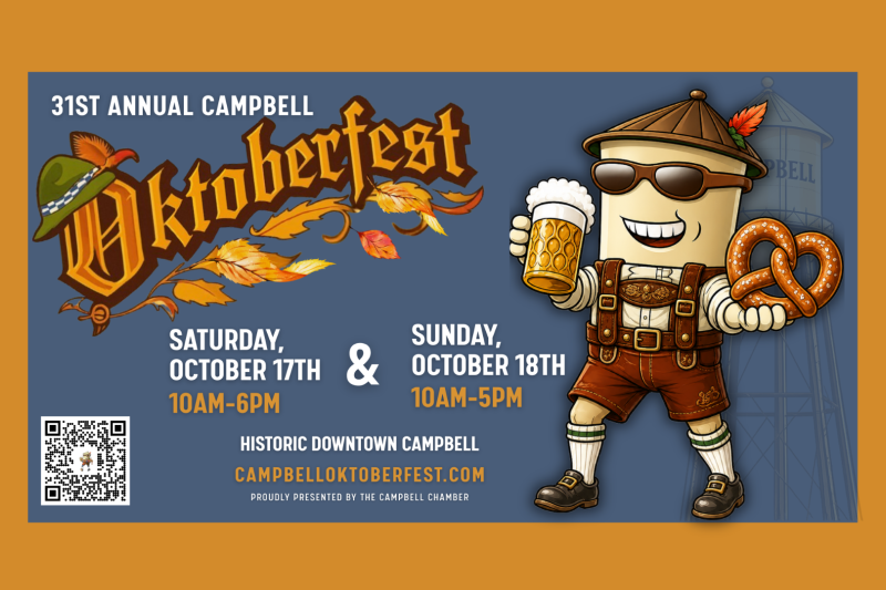 31st Annual Campbell Oktoberfest, October 17–18 in Historic Downtown Campbell, featuring a festive character holding a beer and pretzel.