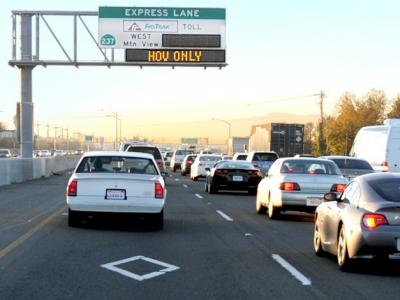 cars in express lane with Express Lane sign