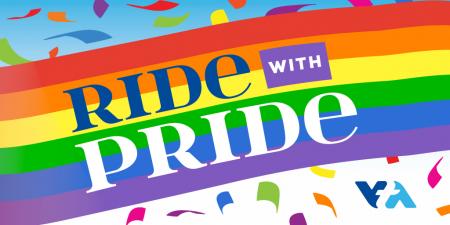 ride with pride slogan in a rainbow