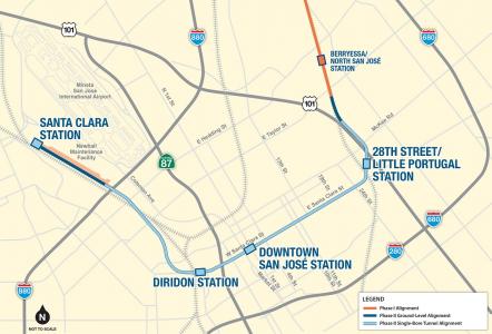 Map of VTA's BART Phase II alignment