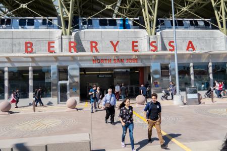 Pedestrians arrive and leave Berryessa Transit Center