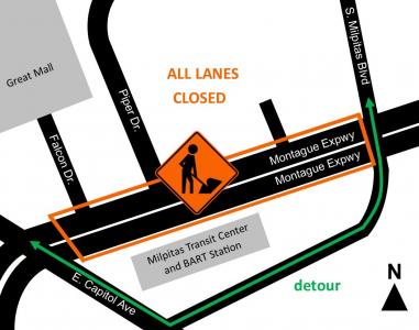 map of lane closure on Montague Express way between south Milpitas boulevard and Great Mall Pkwy/Capitol Ave