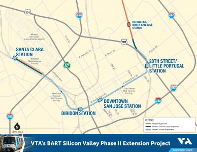 Map of VTA's BART Silicon Valley Phase II Project with four stations at 28th Street/Little Portugal, Downtown San Jose, Diridon, and Santa Clara