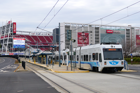 Light Rail Train stops at Levi's Stadium Vaccination Site