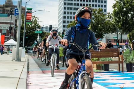 Kids riding bikes in Downtown San Jose