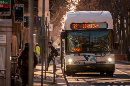 Bus stopped along First Street