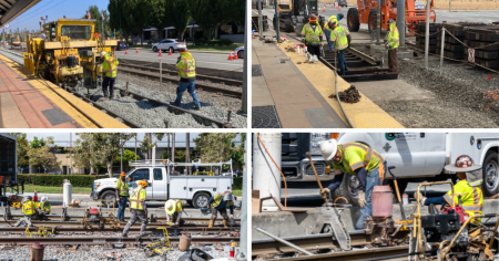 various photos of rail construction