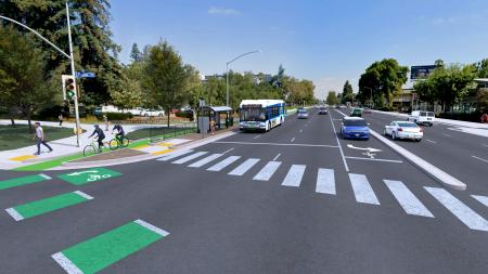 rendering of street with bus and cars and crosswalk and bike lane and bus stop