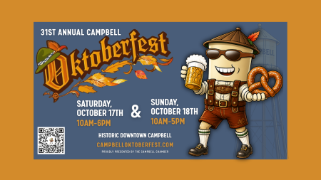 31st Annual Campbell Oktoberfest, October 17–18 in Historic Downtown Campbell, featuring a festive character holding a beer and pretzel.