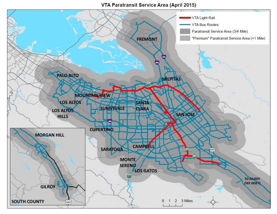 Map showing the coverage area for VTA ACCESS Paratransit service in Santa Clara County with boundaries roughly from Palo Alto to Milpitas to Gilroy to Los Gatos